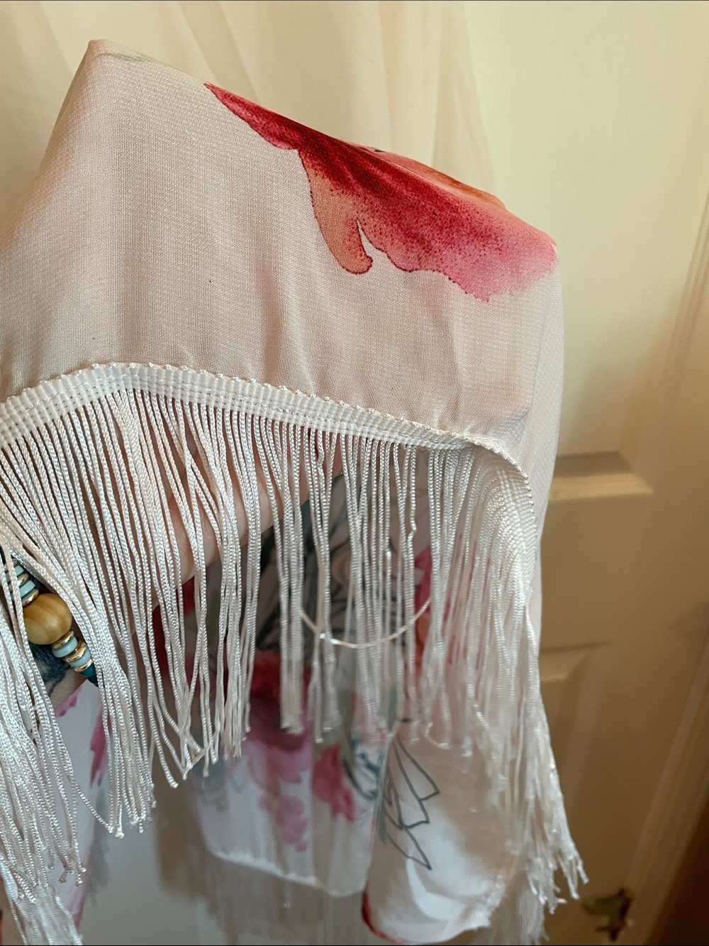 Say What? Sheer White Floral Kimono Wrap with Pink and Green Accents - Picture 8 of 10